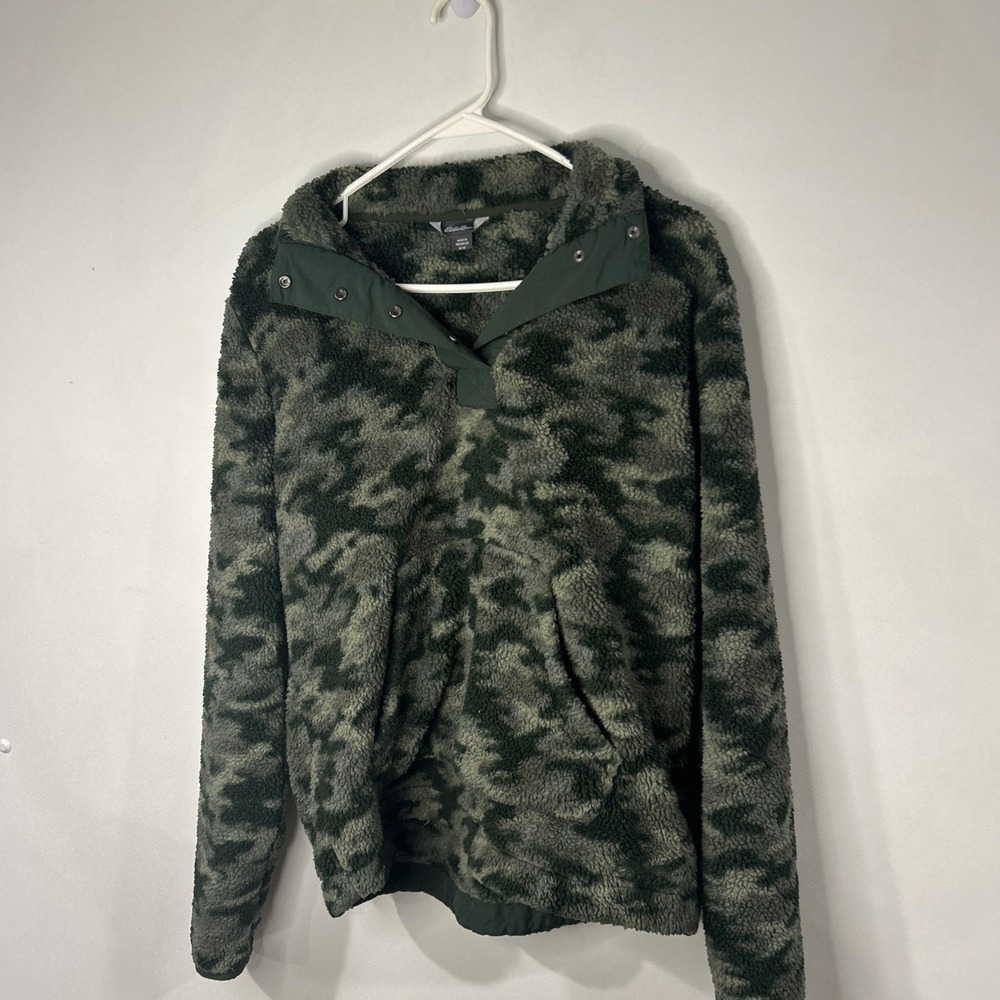 Eddie Bauer Womens Sz M Pemba Snap Pullover Camo Green Jacket Kangaroo Pocket